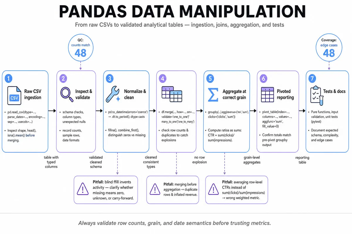 Horizontal infographic pipeline showing stages for Pandas data manipulation: CSV ingestion, inspect & validate, normalize & clean, safe joins, aggregate, pivot, tests & docs, with warning callouts for duplicate joins, CTR error, and blind ffill.