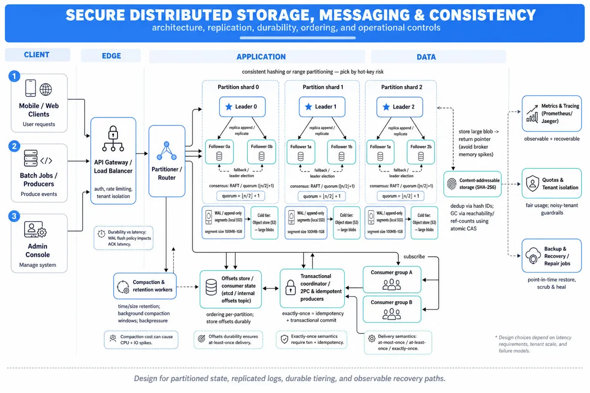 Left-to-right architecture infographic showing clients -> API gateway -> partitioner -> partitioned shards with leader-follower/RAFT replication, WAL on SSD, tiering to S3, offsets store (etcd), consumers, dedup CAS, compaction workers, transactions coordinator, and monitoring/ops.