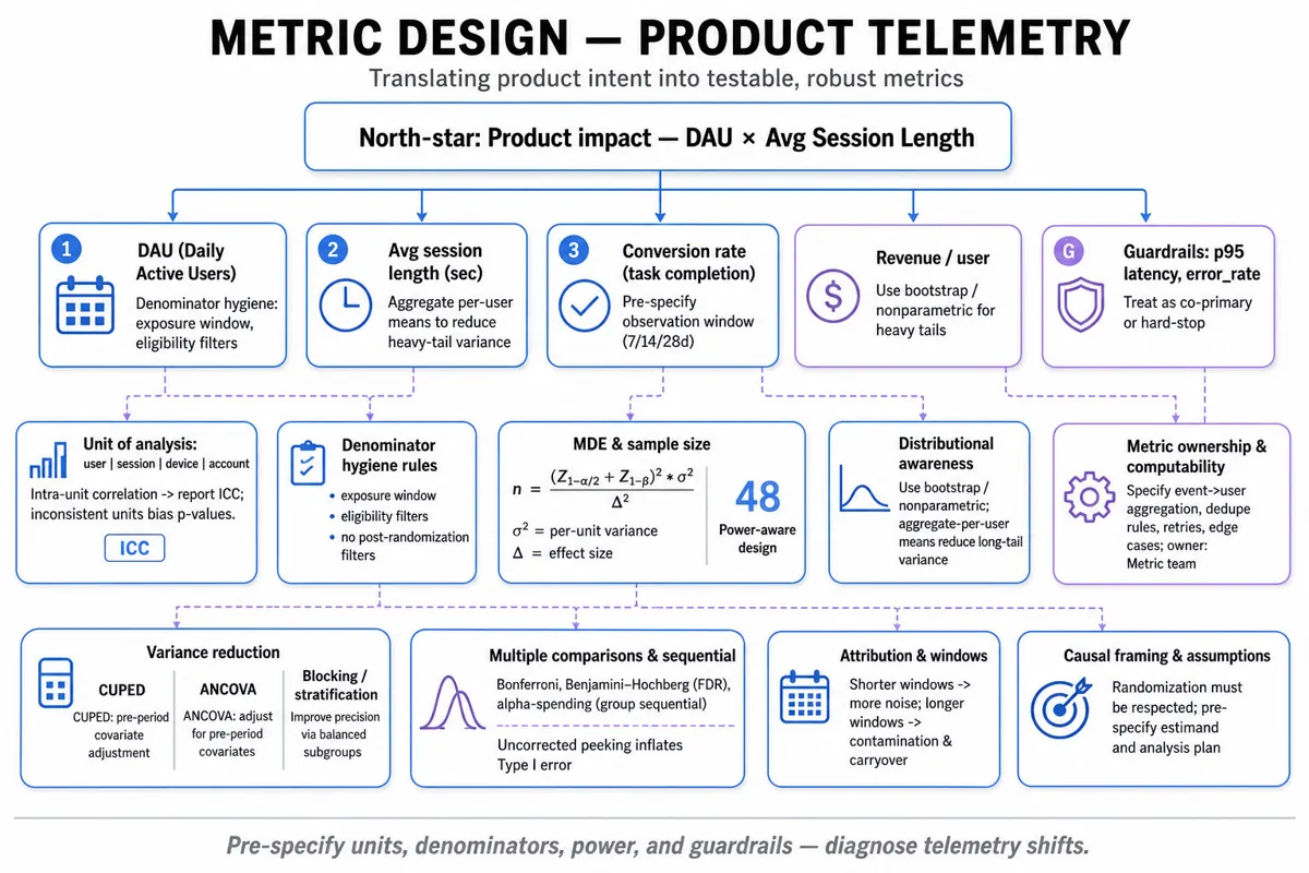 Top-down metric tree for Microsoft product telemetry: north-star metric at top, primary metrics below (DAU, Avg session length, Conversion rate, Revenue per user, Guardrails), and third-level driver cards with statistical callouts (unit of analysis, MDE formula, variance reduction, attribution windo