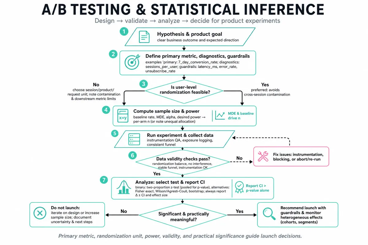 Top-to-bottom flowchart for A/B testing: hypothesis, metric selection, randomization unit decision, sample size/power, run experiment, data validity checks, statistical analysis (test & CI), launch decision (launch vs iterate).