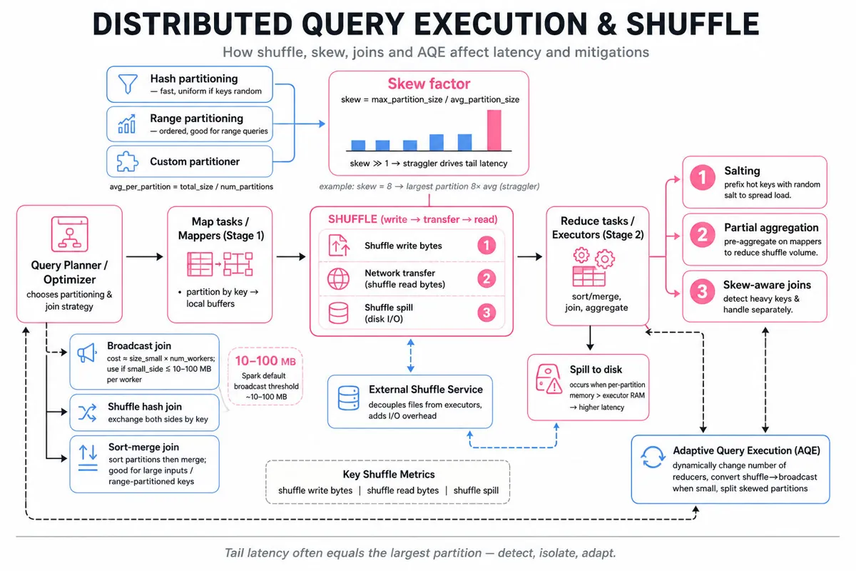 Architecture-style infographic showing distributed query execution: query planner → map tasks → shuffle write → network transfer → reduce tasks, with callouts for partitioning, skew metric, join choices, spill/external shuffle, and AQE mitigation.