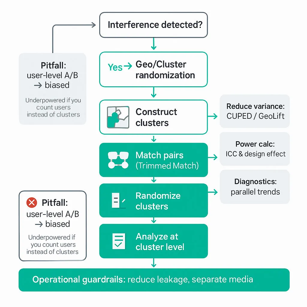 Flowchart showing decision to use geo/cluster randomization, cluster construction and matching, randomization, experiment run, and cluster-level analysis with diagnostics and power calc.