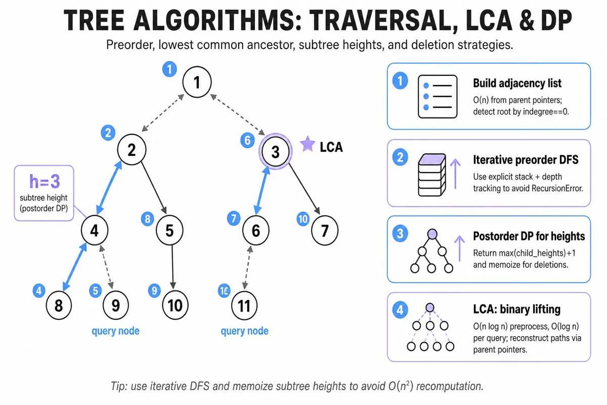 Clean infographic showing a labelled tree diagram with preorder numbers, a highlighted LCA path between two nodes, subtree-height callouts, and four right-side rounded cards summarizing adjacency list, iterative DFS, postorder DP for heights, and binary-lifting LCA.