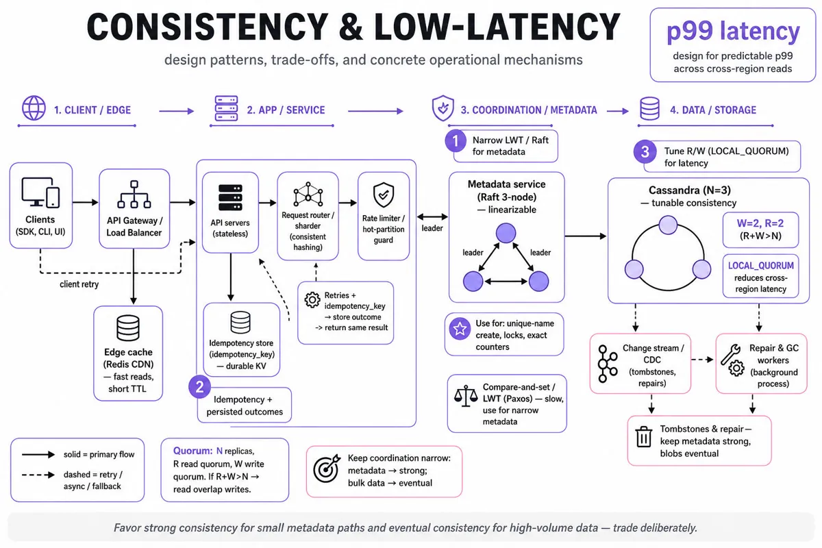 Landscape infographic architecture: client → API gateway → app layer with strong-consistency metadata (Raft) and low-latency data path (Cassandra), cross-region replication, idempotency store, retry flows, and metrics callouts.