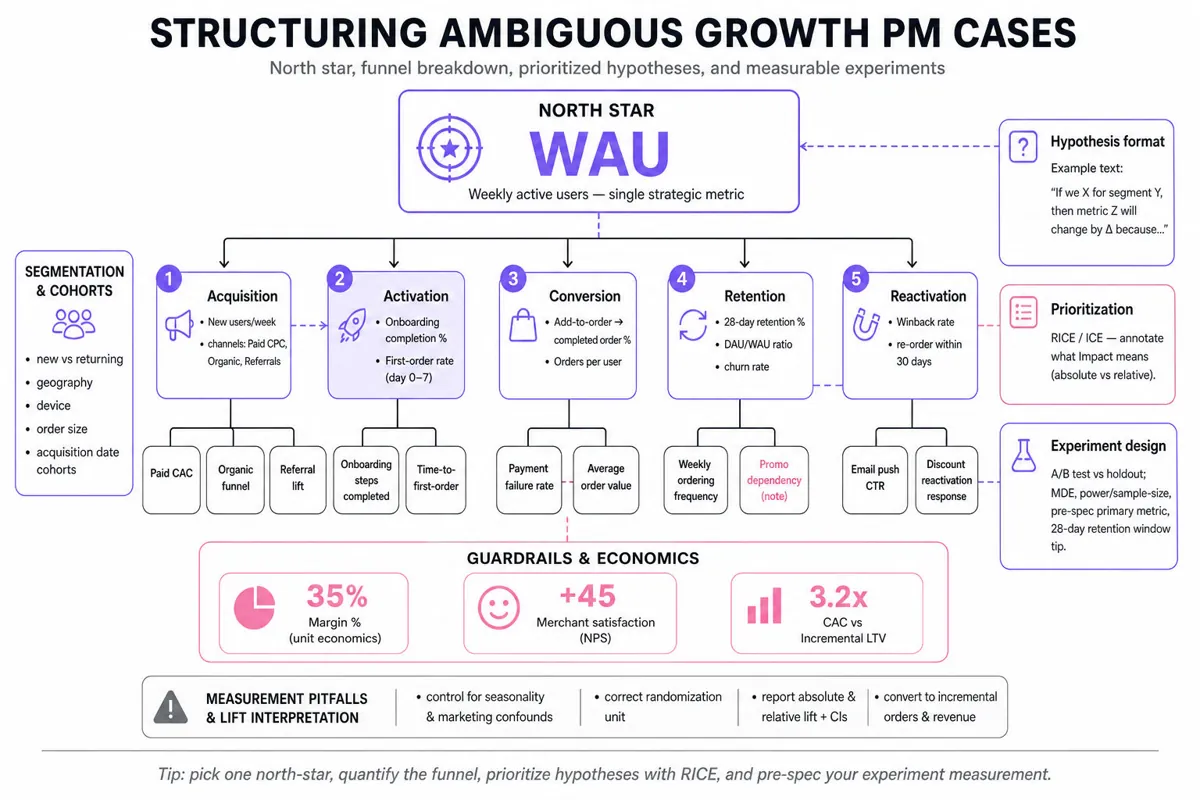 Editorial metric tree infographic: North Star WAU at top, branches to Acquisition, Activation, Conversion, Retention, Reactivation with guardrails (margins, merchant satisfaction) and experiment & measurement callouts.