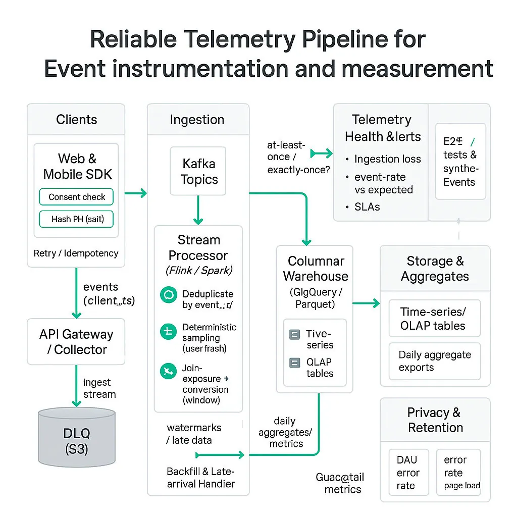 Clean diagram of telemetry pipeline: client SDK with consent and PII hashing → Kafka ingestion → stream processor (dedupe, sampling, joins) → columnar warehouse + daily aggregates; monitoring and DLQ.
