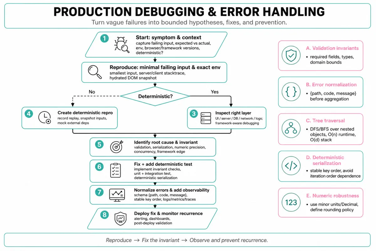 Top-to-bottom flowchart infographic showing steps to reproduce, determine determinism, inspect layers, create deterministic repro, identify root cause, fix/add test, normalize errors, add observability and monitor.