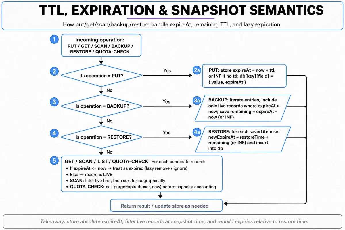 Top-to-bottom flowchart showing TTL/expiration rules: operations (PUT/GET/SCAN/BACKUP/RESTORE/QUOTA), branches for PUT, BACKUP, RESTORE, and a shared read-like path that checks expireAt <= now, filters live records, sorts scans, and purges expired before quota checks.