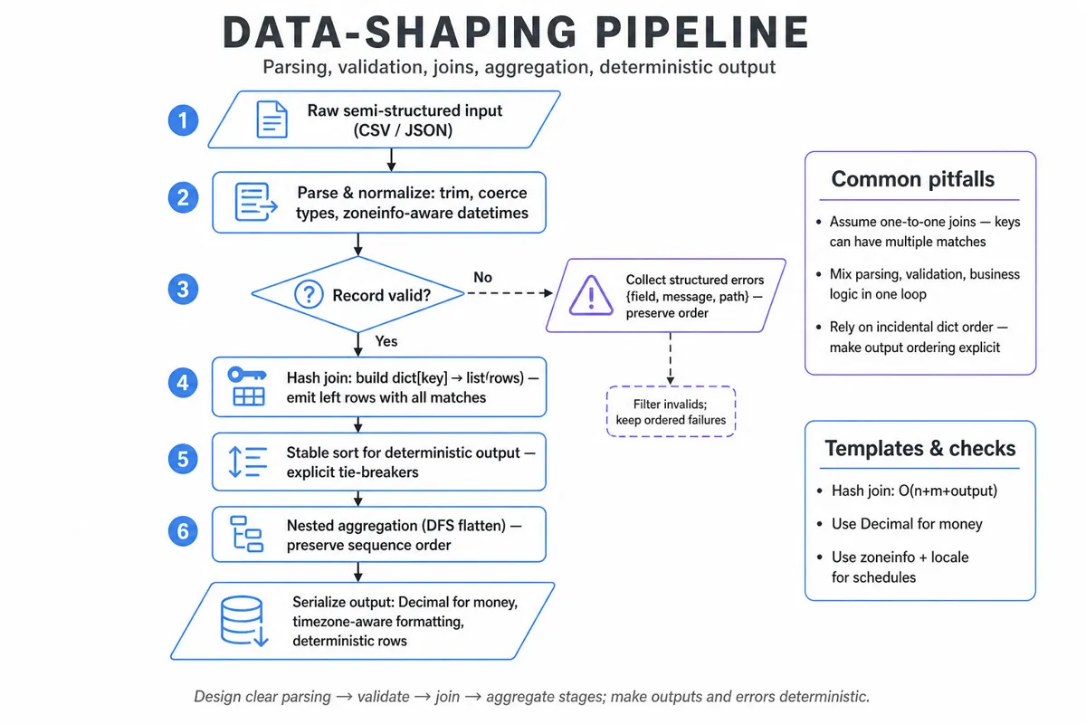 Top-to-bottom flowchart showing a data-shaping pipeline: Raw input → Parse & normalize → Valid? (diamond) Yes → Hash join → Stable sort → Nested aggregation → Serialize output; No → Collect structured errors. Side card lists common pitfalls.