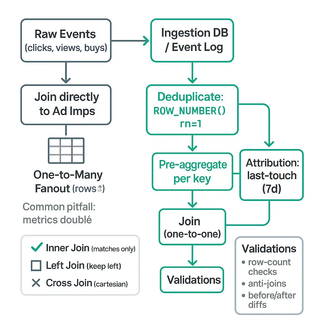 Clean flowchart: raw events → deduplicate (ROW_NUMBER) → pre-aggregate → join → attribution (last-touch 7d) → metrics & validations; inset shows one-to-many fanout vs dedup fix.