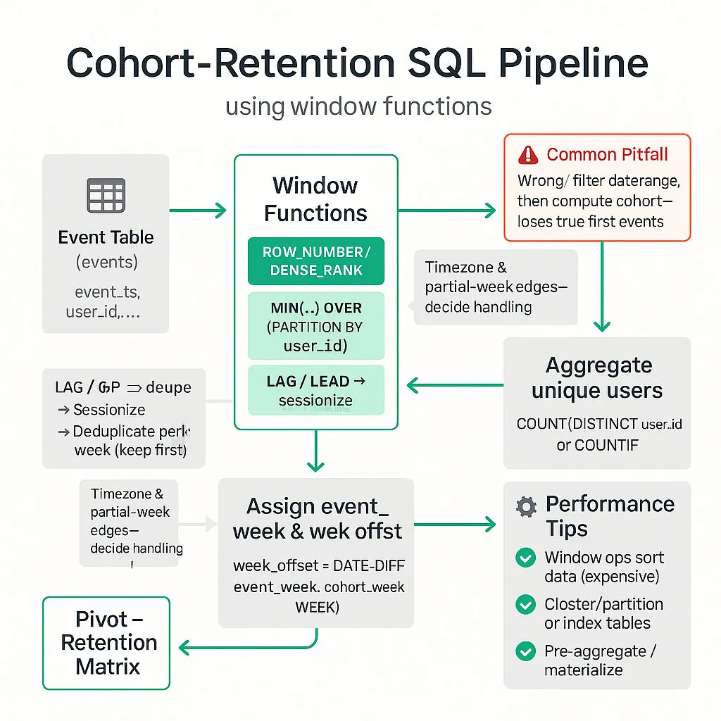 Flowchart showing event table → window functions (ROW_NUMBER, MIN(...) OVER, LAG/LEAD) → dedupe/sessionize → compute cohort_week & week_offset → aggregate unique users → pivot to retention matrix, plus warnings about timezone and wrong filtering order.
