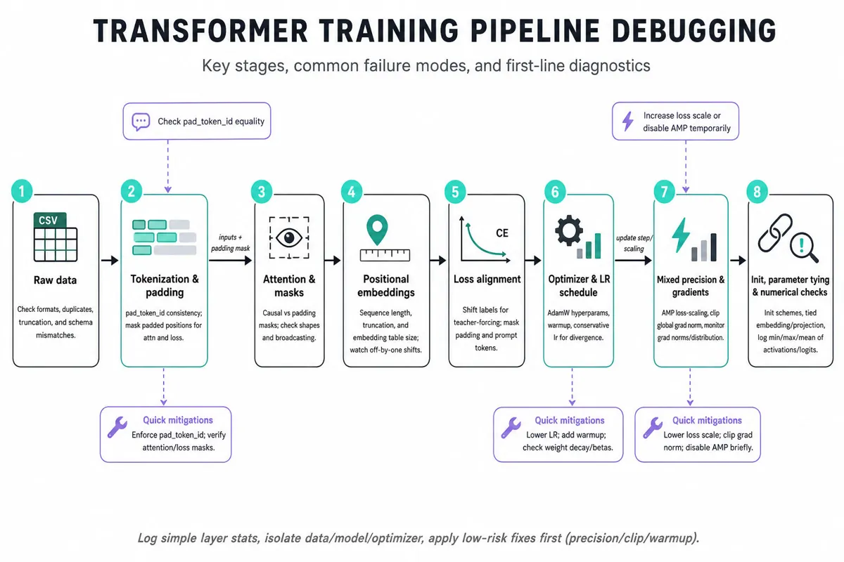 Horizontal infographic pipeline showing stages for debugging a transformer training run: raw data, tokenization & padding, attention & masks, positional embeddings, loss alignment, optimizer & AMP, gradient/initialization checks, numerical monitoring, with arrows and short diagnostics.