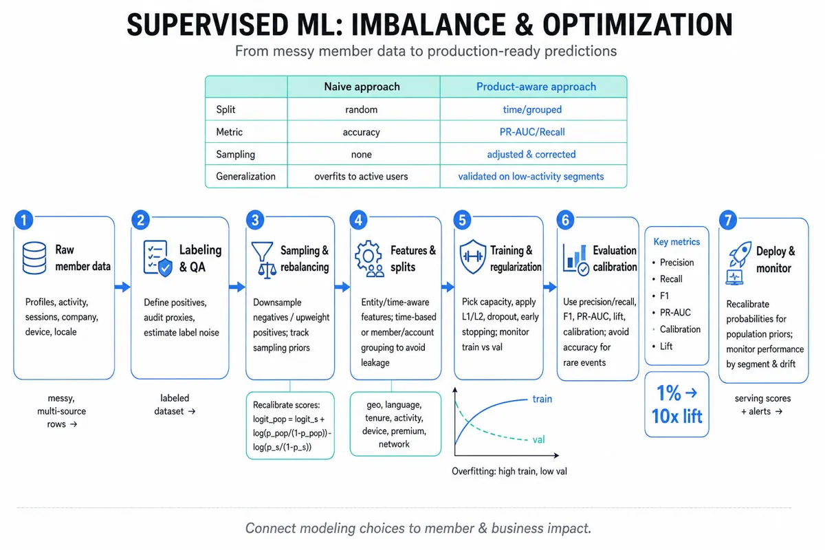Horizontal pipeline infographic from raw member data to deployed predictions, with callouts on class imbalance, sampling correction, splits, overfitting, regularization, and evaluation metrics.