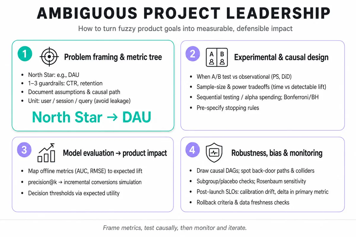 Clean 2x2 quadrant infographic showing four areas for leading ambiguous ML projects: Problem framing (highlighted), Experimental design, Model→Product impact, Deployment & monitoring.