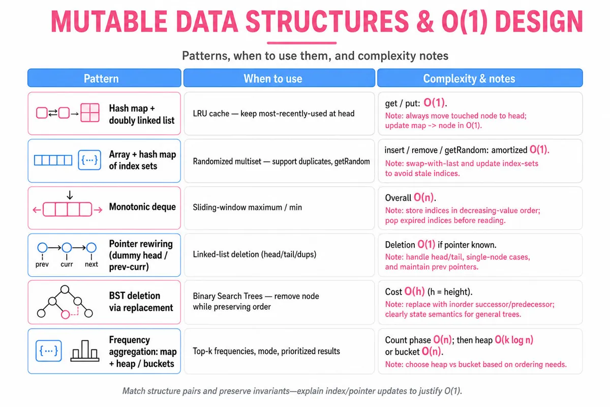 Three-column comparison table of six mutable-data-structure patterns (e.g., HashMap+DoublyLinkedList for LRU, Array+IndexSet for randomized multiset, Monotonic Deque for sliding max) with when-to-use and complexity notes.