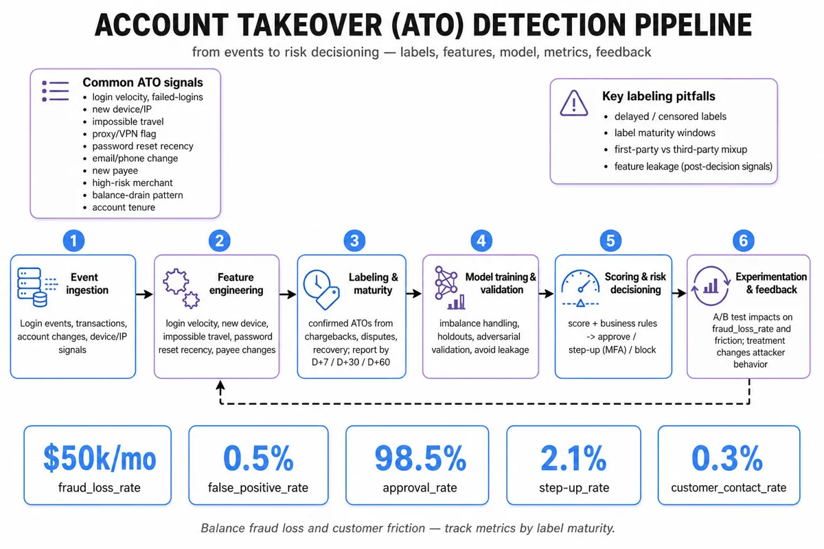 Horizontal ATO detection pipeline infographic showing stages from event ingestion to scoring, decisioning, feedback loop, feature and pitfall callouts, and metric callouts along the bottom.