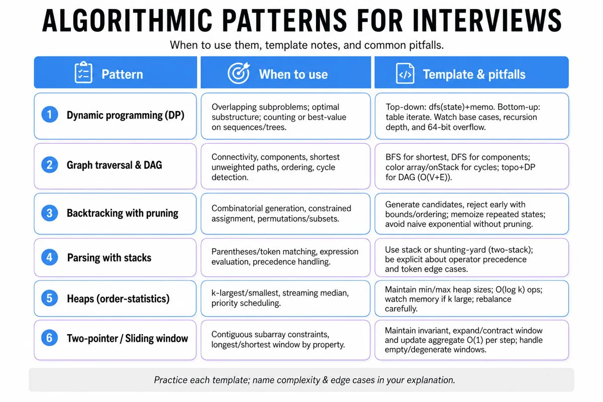 Three-column editorial infographic comparing coding patterns (DP, Graphs/DAG, Backtracking, Parsing, Heaps, Two-pointer) with when to use each and template + pitfalls.
