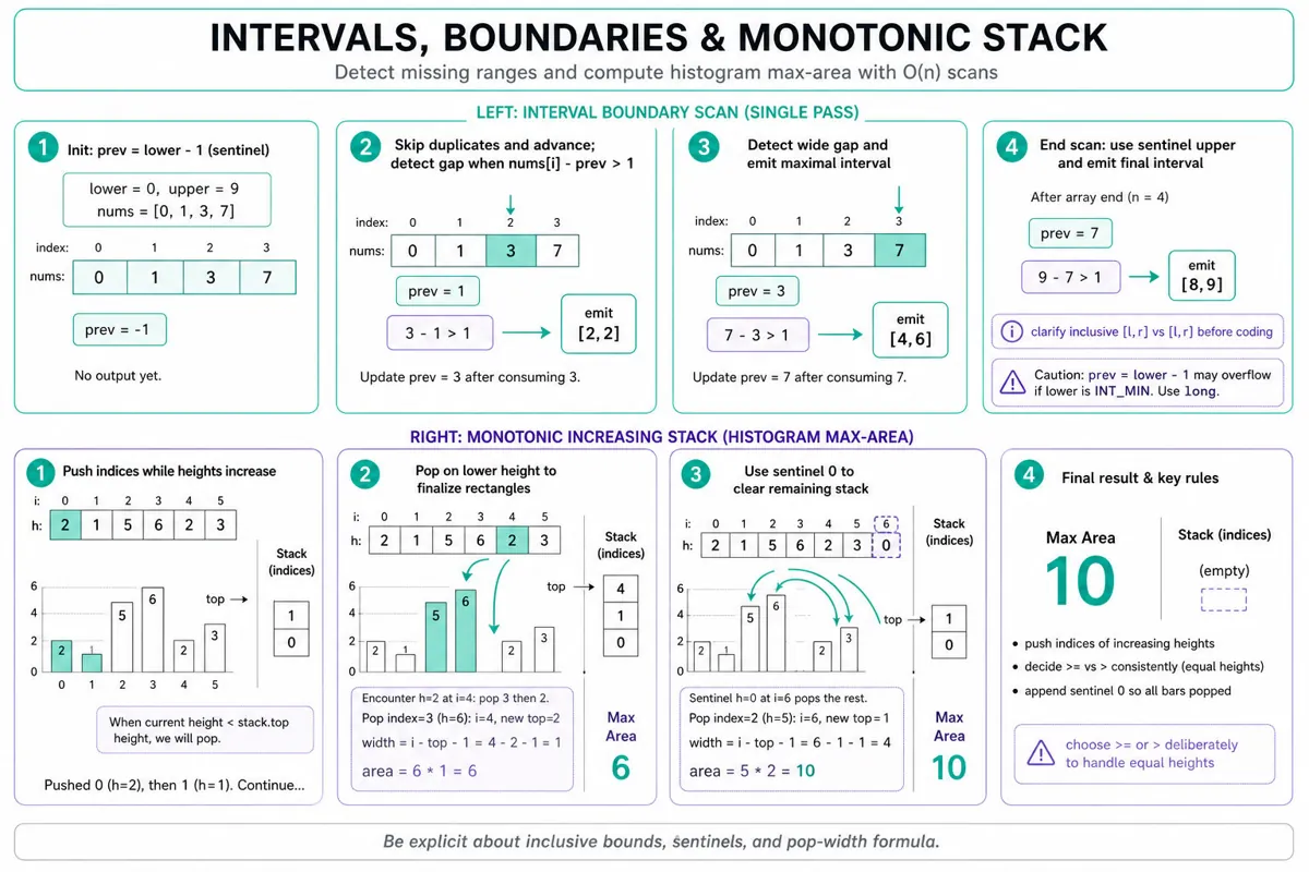 Editorial infographic with two left-to-right algorithm traces: (left) 4-step interval boundary scan showing sentinel prev and emitted missing ranges for nums=[0,1,3,7], lower=0 upper=9; (right) 4-step monotonic increasing stack trace for histogram heights [2,1,5,6,2,3] showing pushes, pops, sentinel