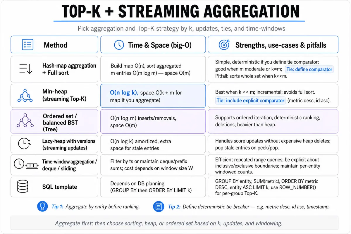 Three-column comparison table of Top-K / streaming aggregation methods (Full sort, Min-heap streaming, Ordered set / BST) with rows for aggregation, time, space, tie-breaking, updates, and time-window support.