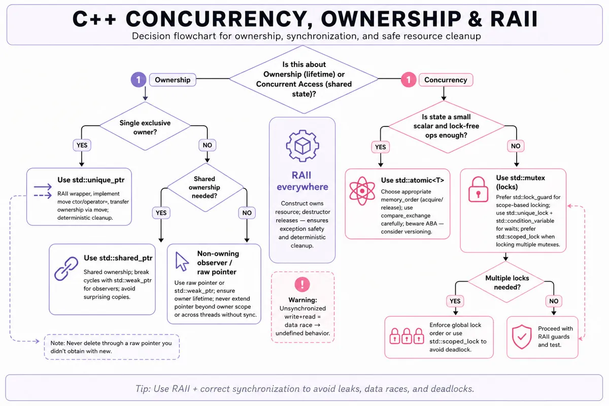Vertical decision flowchart for C++ ownership and concurrency: choose unique_ptr/shared_ptr/weak_ptr/raw, or std::atomic vs std::mutex with lock_guard/unique_lock and deadlock avoidance, with RAII tip footer.