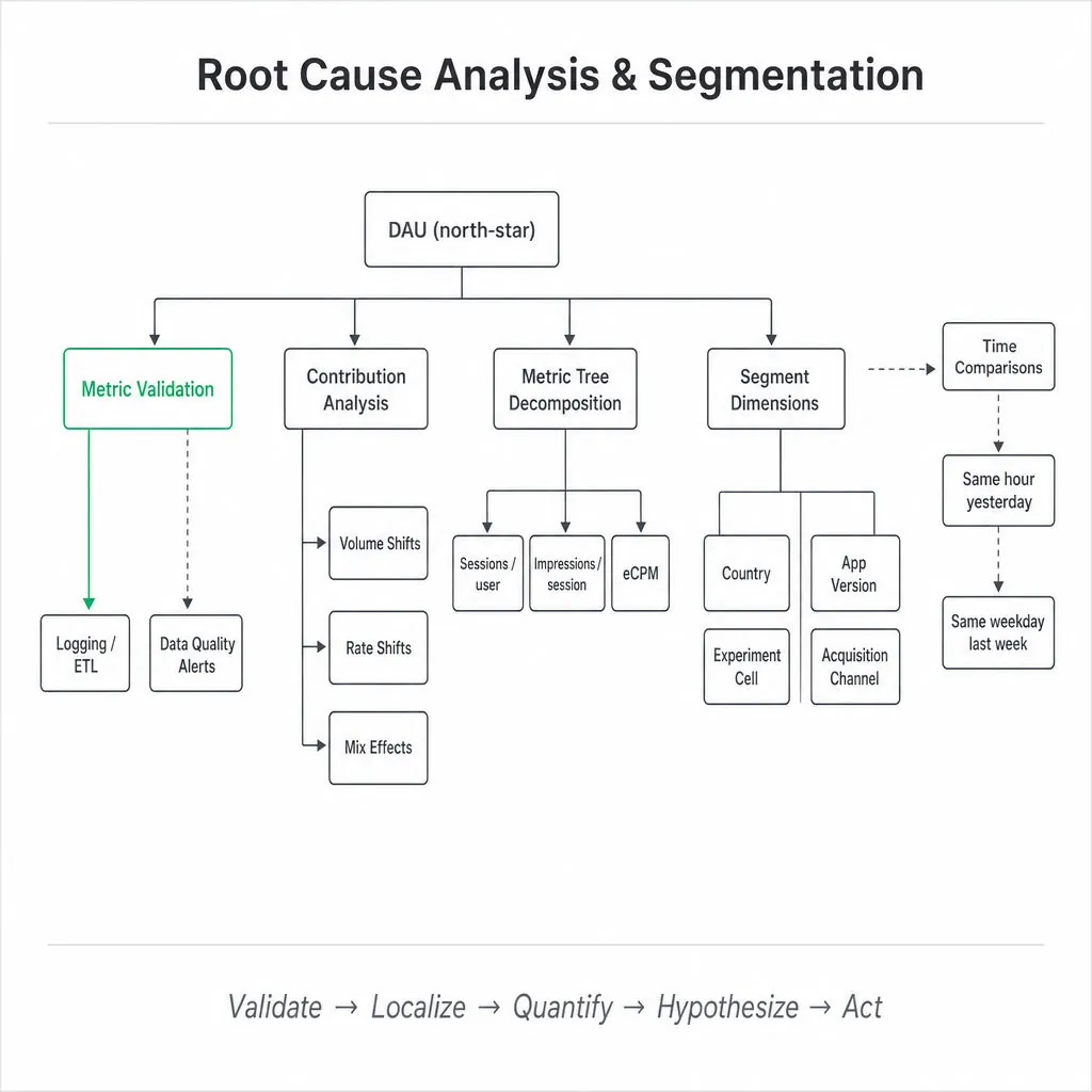 Hierarchical metric tree: DAU north-star at top, branches for Metric Validation (highlighted), Contribution Analysis, Decomposition, and Segment Dimensions (Country, App Version, Experiment).