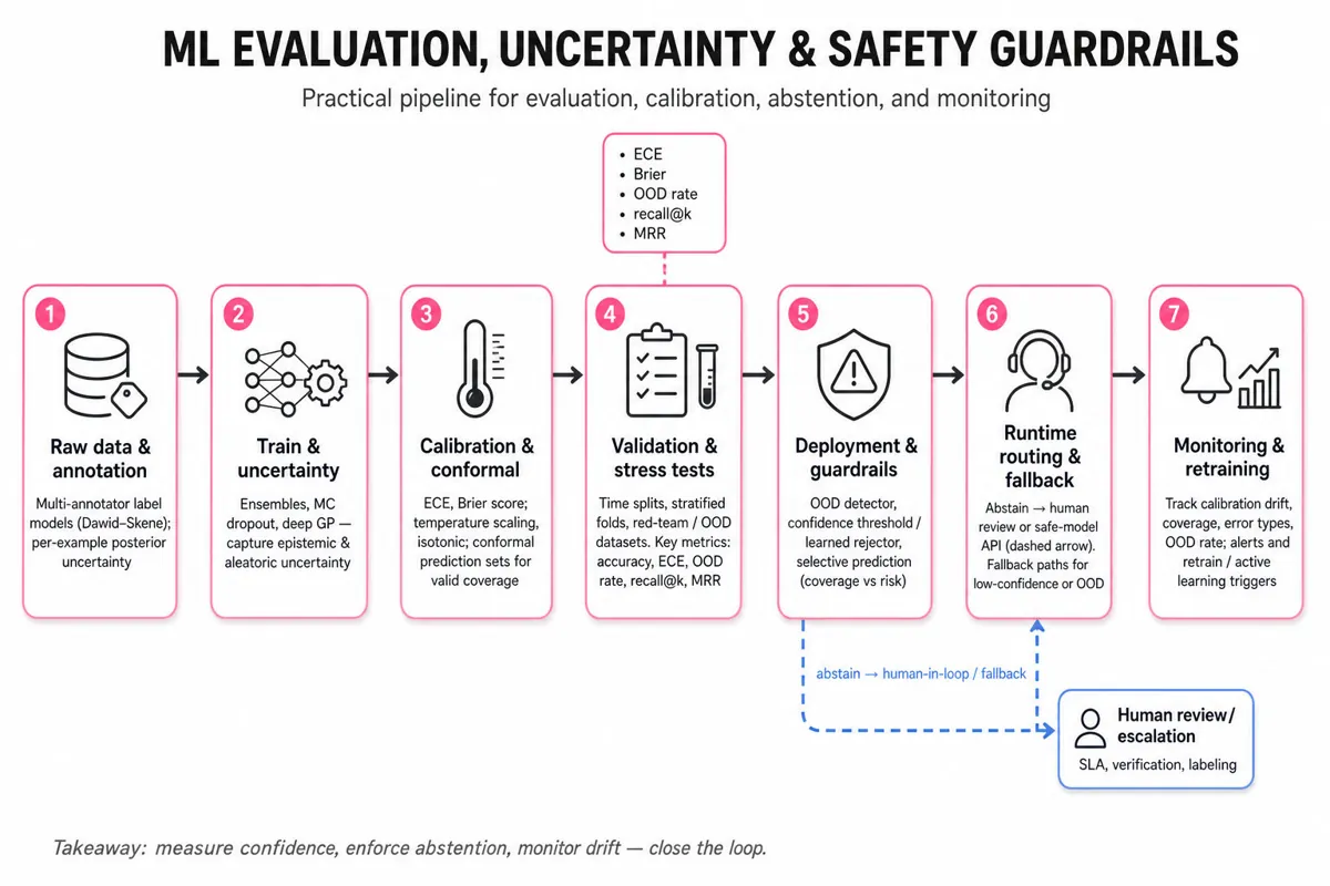 Left-to-right horizontal pipeline: raw data & multi-annotator labeling → training & uncertainty methods → calibration & conformal → validation & stress tests → deployment with OOD detector and abstention → runtime fallback to human review → monitoring & retraining.