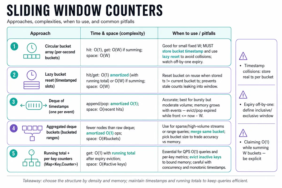 Three-column editorial infographic comparing sliding-window approaches (circular buckets, deque, aggregated buckets, running-total, per-key) with complexities, uses and pitfalls.