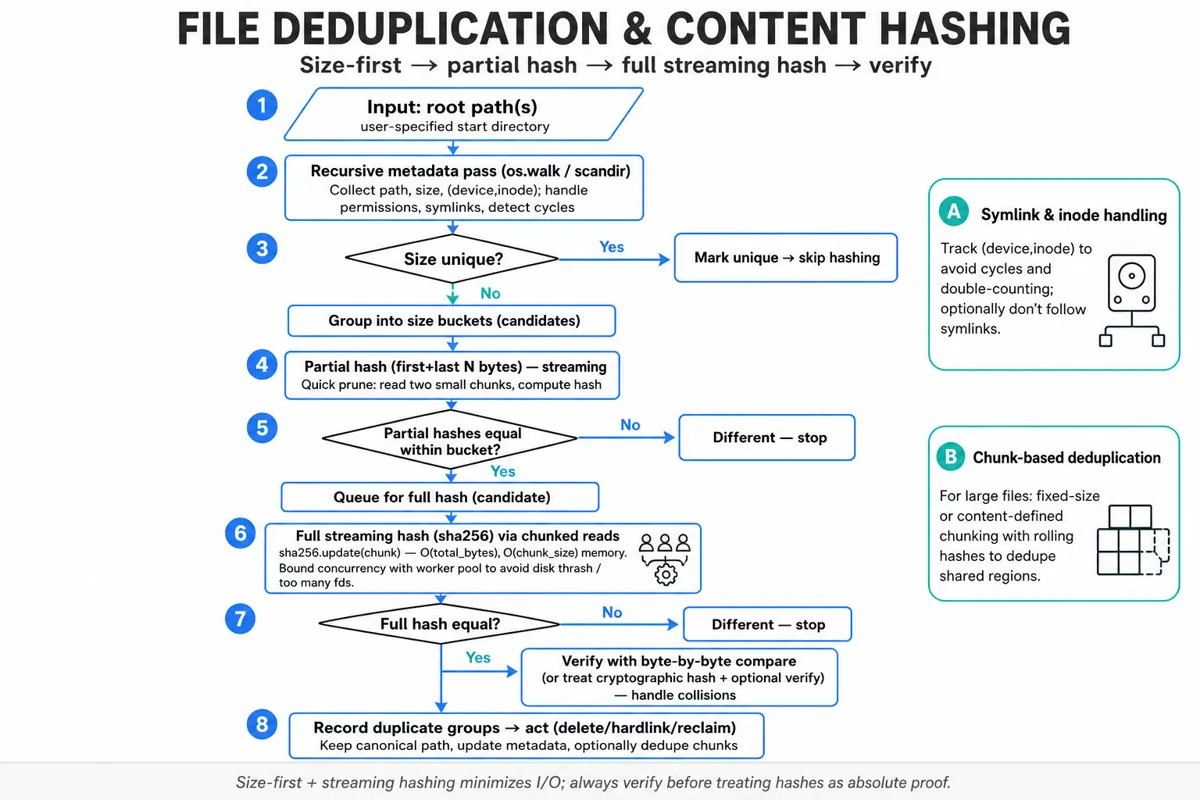Top-to-bottom decision flowchart of a file deduplication pipeline: scan root, metadata pass (size, inode), size bucketing, partial hash, full streaming hash with a bounded worker pool, byte-by-byte verification, and final duplicate actions; side note cards on symlink handling and chunk-based dedupe.