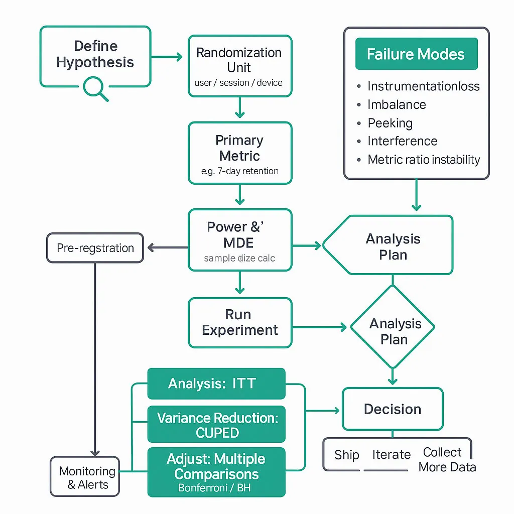Clean flowchart of A/B test design: hypothesis → randomization unit → metric → power/sample size → run experiment → instrumentation checks → analysis (ITT, CUPED, multiple comparisons, sequential tests) → decision + failure-mode monitor.