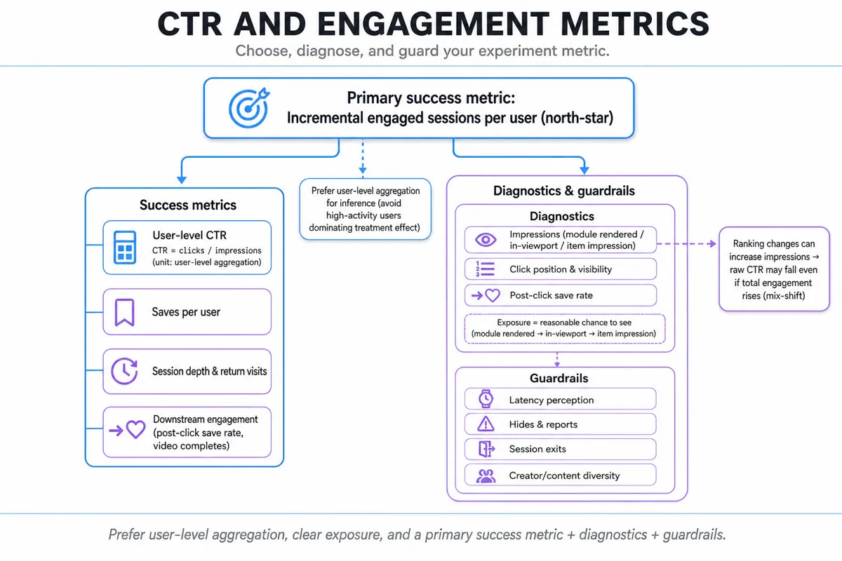 Editorial infographic: hierarchical metric tree for CTR and engagement showing a top 'Primary metric' node branching to 'Success metrics' and 'Diagnostics & guardrails' with sub-metrics and exposure/aggregation callouts.