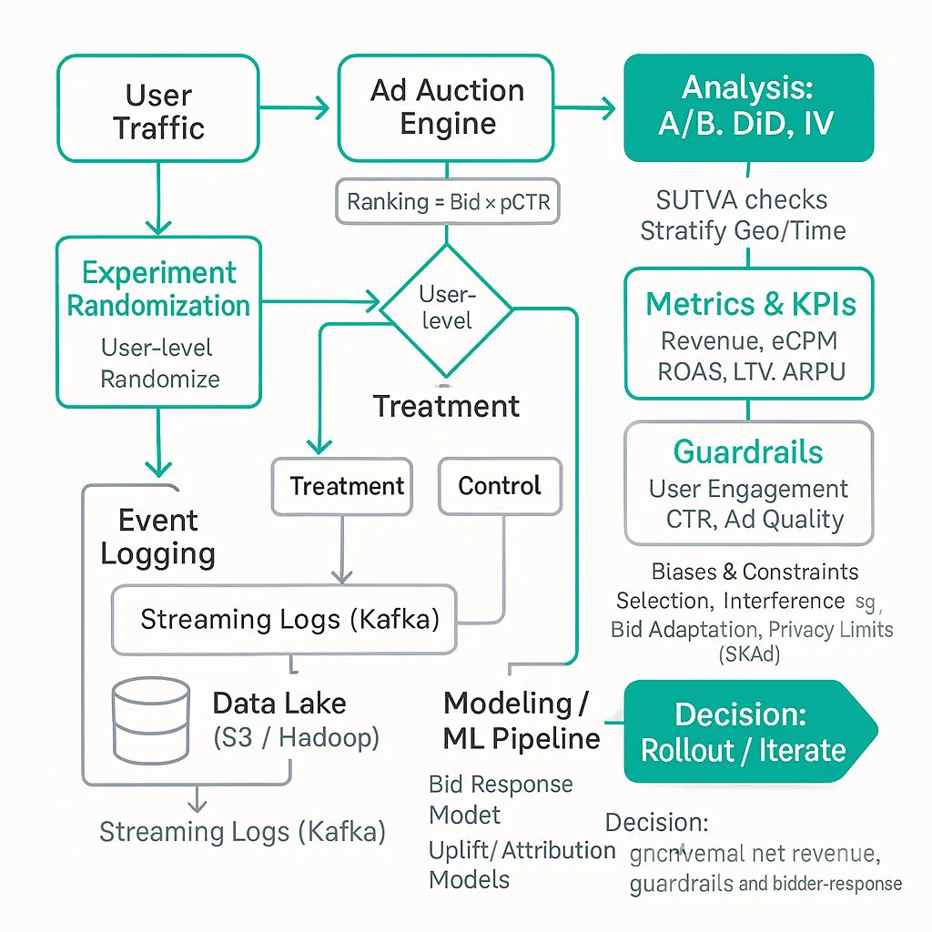 Square flowchart showing ad auction → experiment randomization → logging → data pipeline → analysis & causal methods → metrics, guardrails, biases, and decision rollout.