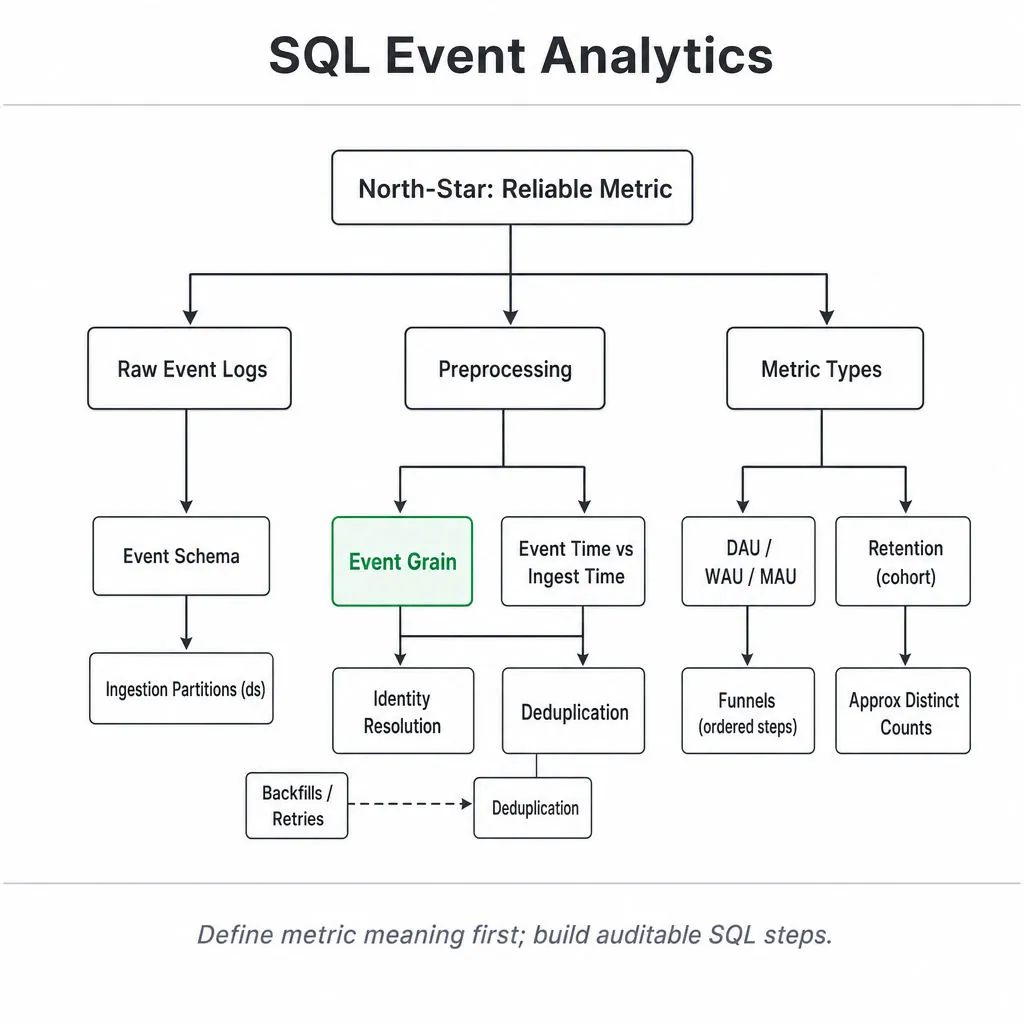 Hierarchical metric tree: top 'North-Star: Reliable Metric' with branches for Raw Event Logs, Preprocessing (including highlighted 'Event Grain'), and Metric Types like DAU, Retention, Funnels.
