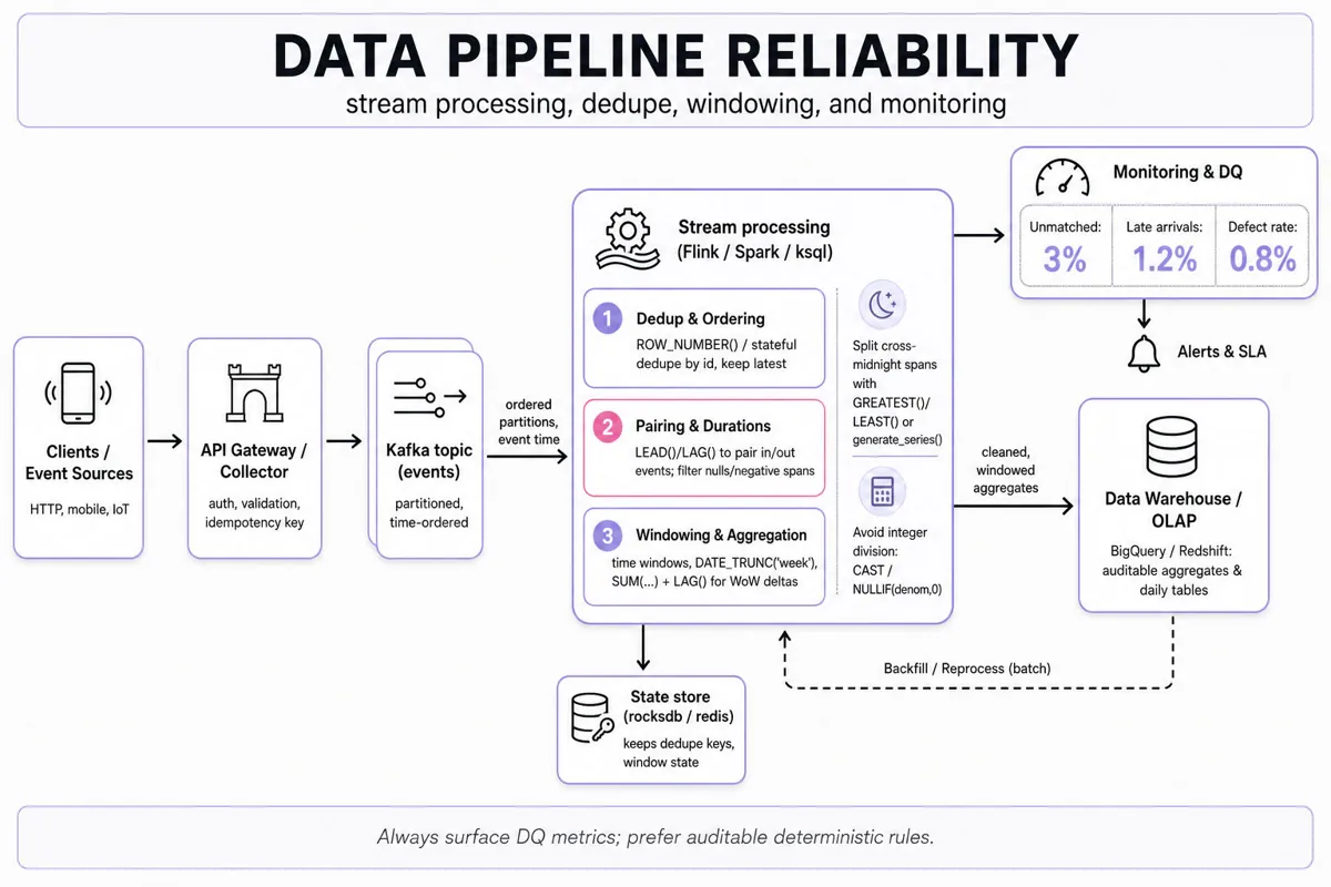 Landscape architecture infographic of a real-time data pipeline: clients → API gateway → Kafka topic → stream processor (dedupe, pairing, windowing) → data warehouse, with monitoring and backfill arrows.
