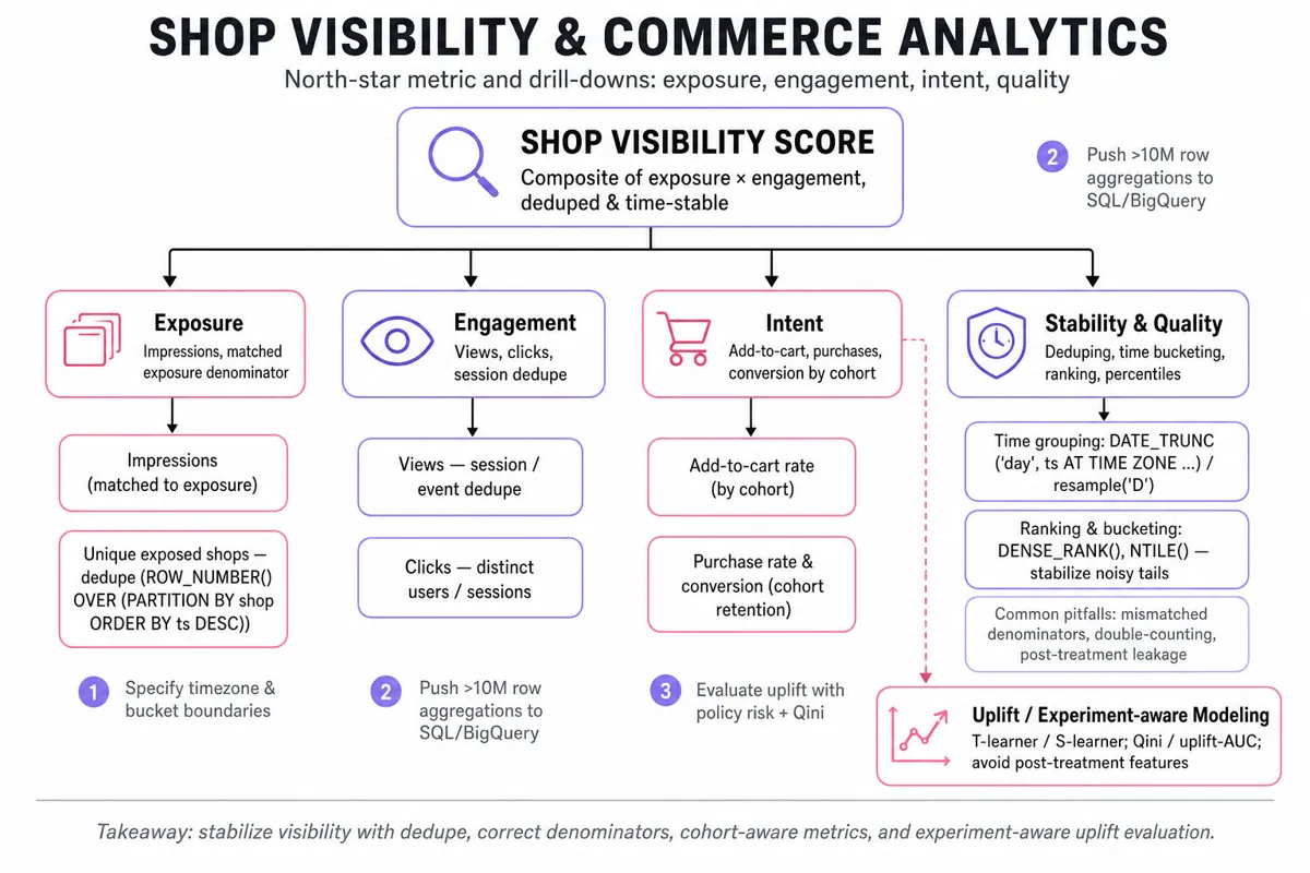 Hierarchical infographic: 'Shop Visibility Score' at top branching to Exposure, Engagement, Intent, and Stability & Quality with submetrics (impressions, views, add-to-cart, dedupe, cohorts, uplift modeling).