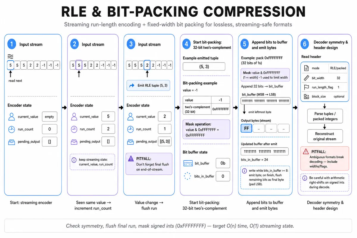 Horizontal 6-frame infographic tracing streaming RLE state (current_value, run_count, pending_output) then bit-packing (bit_buffer, bits_in_buffer, byte output) with title and footer.