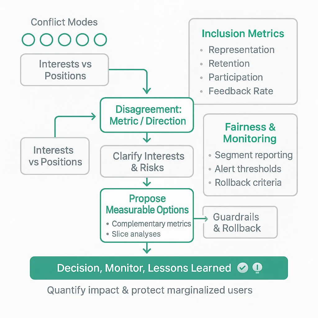 Clean flowchart showing steps for resolving data-related conflicts with Thomas‑Kilmann modes, interest vs position, experiment governance, metrics, and outcome.