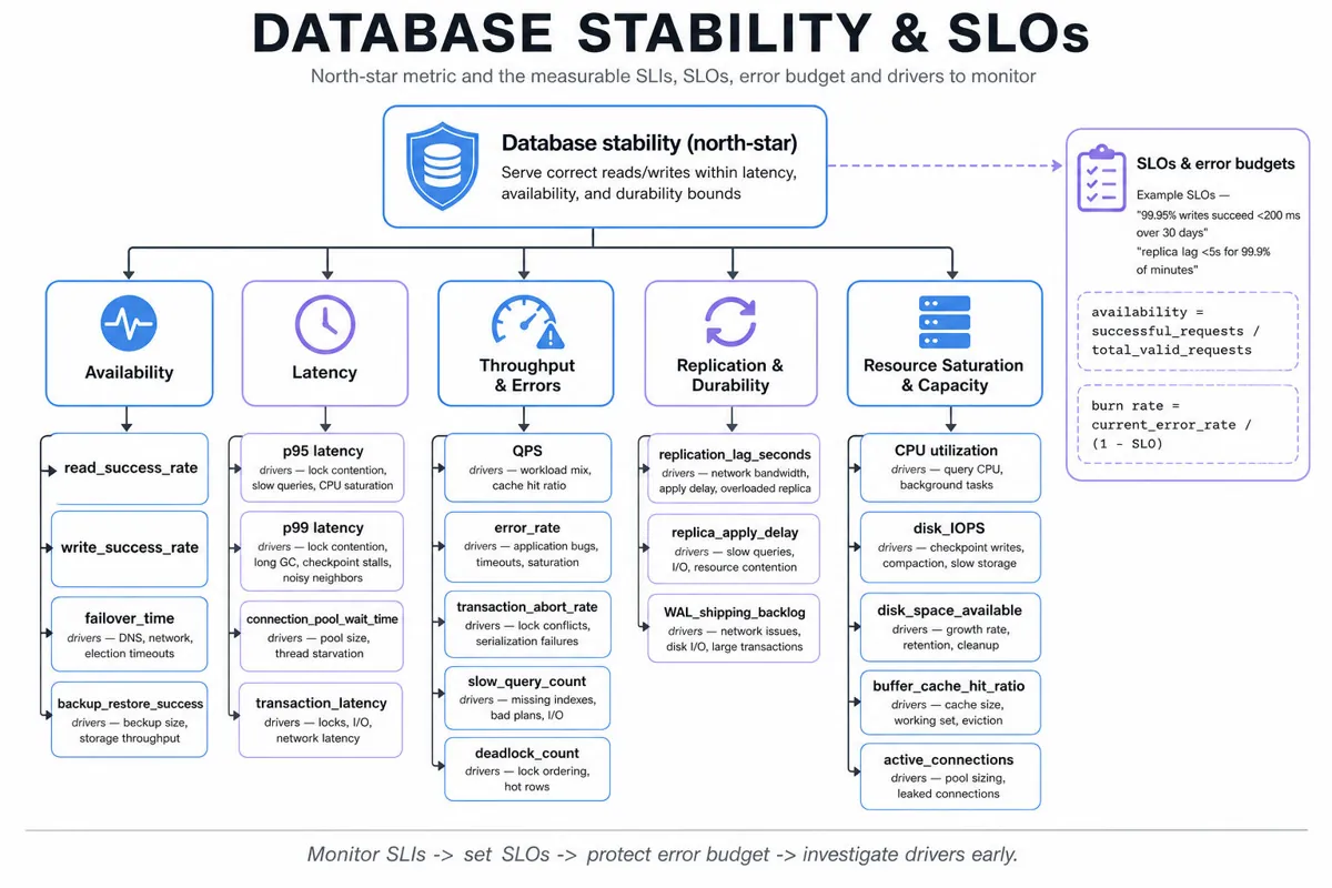 Top-down metric tree: 'Database stability' as north-star with branches for Availability, Latency, Throughput & Errors, Replication/Durability, Resource Saturation, and SLOs/Error budget, with example SLIs and drivers.