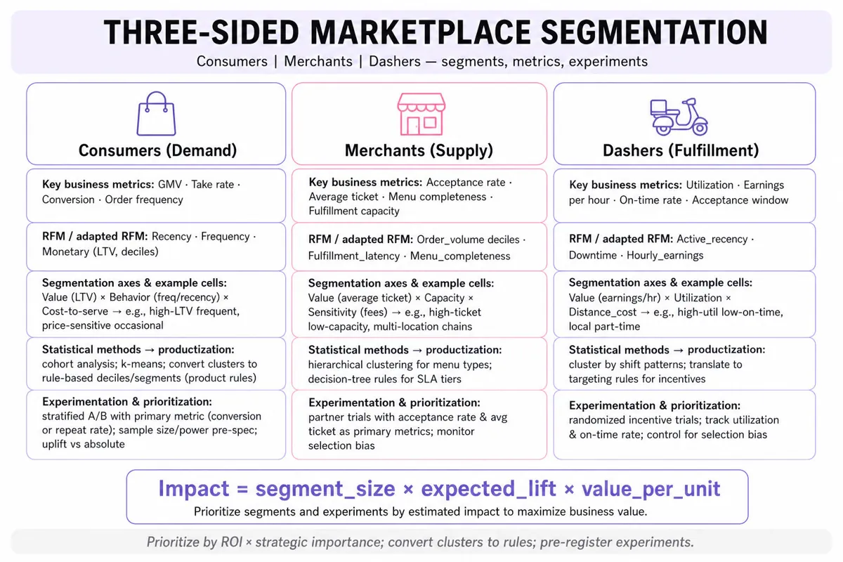 Three-column editorial infographic comparing segmentation for Consumers, Merchants, and Dashers with rows for key metrics, RFM variants, axes, statistical methods, experiments, and prioritization.