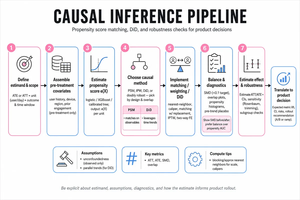 Horizontal editorial infographic pipeline showing steps for causal inference: define estimand, estimate propensity, match/weight, choose DiD/DR, run diagnostics (SMD, overlap), sensitivity checks, and translate to product decision.