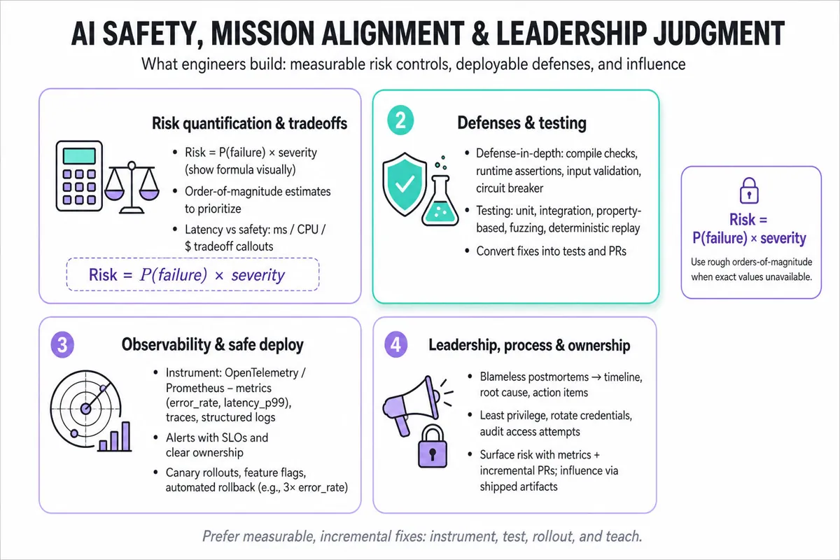 Clean 2x2 matrix infographic: Risk quantification; Layered defenses & testing (highlighted); Observability & safe deployment; Leadership, process & ownership; includes risk formula callout and footer takeaway.