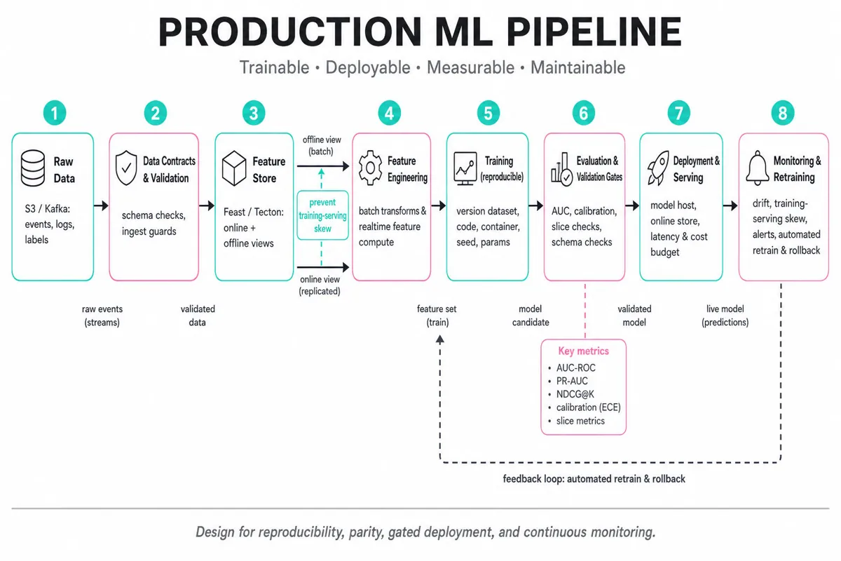 Horizontal editorial infographic of an end-to-end production ML pipeline: raw data → validation & contracts → feature store → feature engineering → training → evaluation & validation gates → deployment/serving → monitoring → rollback & retrain.