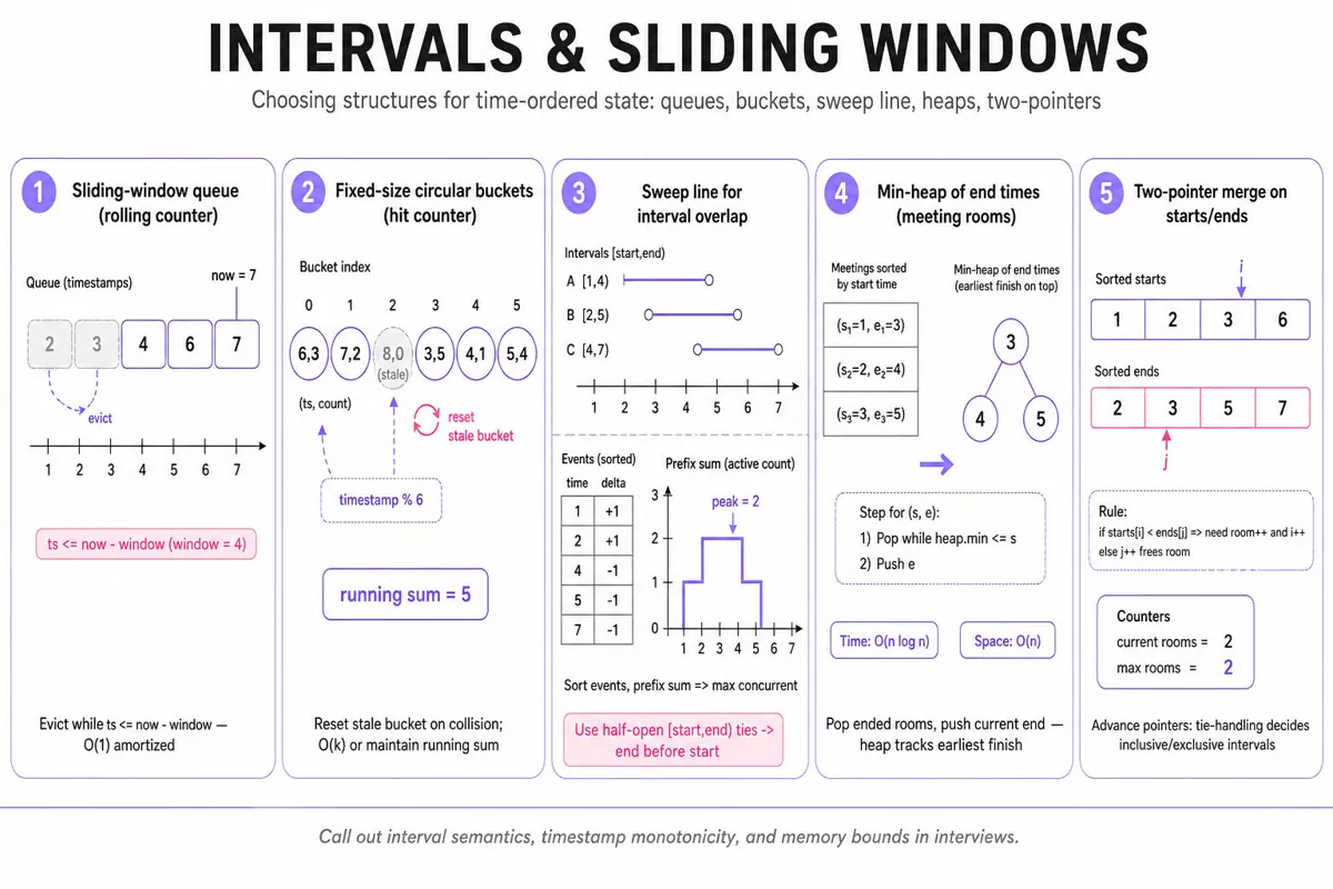 Five horizontal frames showing traces: sliding-window queue eviction, circular time buckets, sweep-line +1/-1 events and prefix sum, min-heap of meeting end times, two-pointer starts/ends merge.