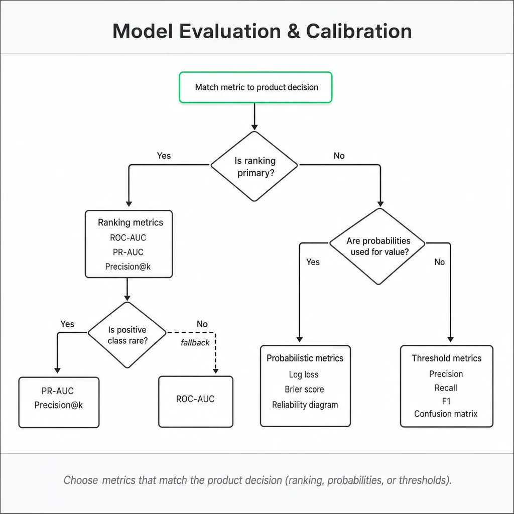 Top-to-bottom flowchart titled 'Model Evaluation & Calibration' guiding metric choice: highlighted 'Match metric to product decision' then decisions leading to ROC/PR, LogLoss/Brier/Calibration, or Precision/Recall.
