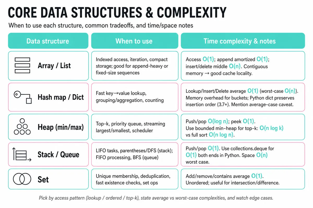 Three-column infographic comparing arrays, hash maps, heaps, stacks/queues, and sets: when to use each, time complexities, and short implementation notes.
