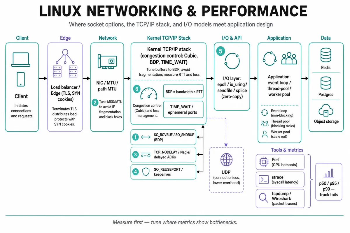 Left-to-right architecture diagram showing client → edge/load balancer → Linux server stack (NIC, kernel TCP/IP, socket options, I/O layer, app) → data stores, with labeled tuning callouts and tool/metric callouts.