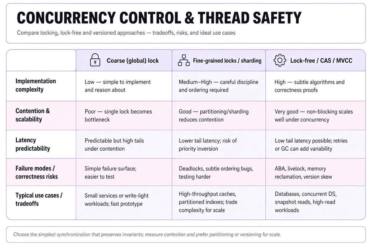 Three-column editorial comparison table contrasting Coarse (global) locks, Fine-grained locks/sharding, and Lock-free/CAS/MVCC across complexity, scalability, latency, failure modes, and typical use cases.
