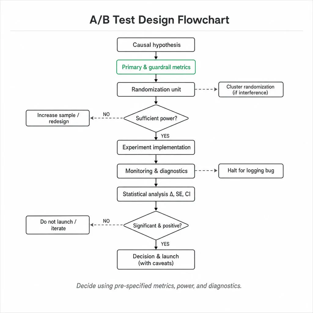 Top-to-bottom flowchart of A/B test design: hypothesis → metrics (highlighted) → randomization → power check → implementation → monitoring → analysis → launch decision, with fallback paths.