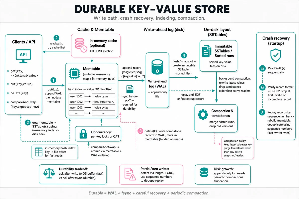 Architecture infographic of a durable key-value store showing client/API, WAL+fsync, memtable and in-memory index, SSTables+compaction, cache/eviction, and crash recovery steps.