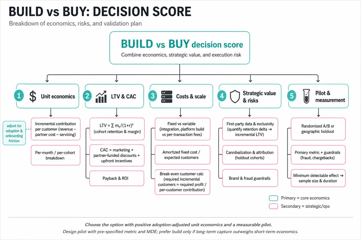 Top-down decision tree titled 'BUILD vs BUY decision score' with five branches: Unit economics, LTV & CAC, Costs & scale, Strategic value, Pilot & measurement; sub-metrics listed under each.