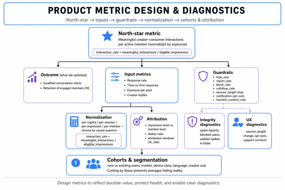 Hierarchical metric tree infographic showing a north-star metric at top and branches for outcome, input, guardrail, normalization, cohorts and attribution with example metrics and formulas.